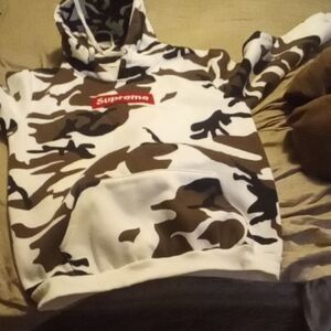 Supreme Brown & White Camo Hoodie with Red Box Logo